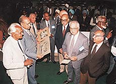 Some of the engineers from Pakistan, in the city for a meeting of the Old Boys' Association of Punjab Engineering College, Sector 12, share information of classmates with their Indian counterparts at Institute of Engineers, Sector 19, on Saturday.