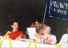 Congress President Sonia Gandhi and Mrs Suman Krishan Kant, wife of the Vice-President of India