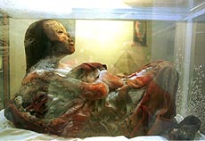 The frozen mummy known as the "Ice Princess," the first frozen Incan mummy ever found, is displayed in Arequipa, Peru, in this Oct. 26, 1997 file photo. 