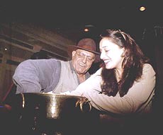 Film stars Amrish Puri and Madhuri Dixit