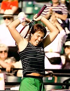 Jennifer Capriati celebrates after 6-4, 6-3 win against Silvija Talaja of Croatia, at the Lipton Championships 
