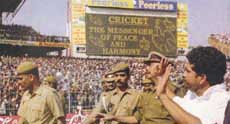 Tendulkar appeals for peace during the course of the Asian Test Championship cricket match at Calcutta