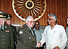 Marshal I.D. Sergeyev, Defence Minister of Russia, with Defence Minister George Fernandes in New Delhi on Monday
