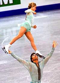 Russia's Yelena Berezhnaya and Anton Sikharulidze perform during a pair's free skating at the World Championships in Helsinki Wednesday.