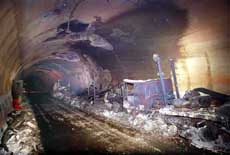 Gutted wreckage of vehicles inside the Mont Blanc tunnel