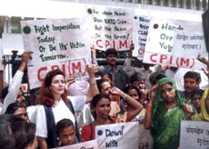 A Yugoslav national joins a demonstration organised by CPI(M) outside the American Information Centre in New Delhi to protest against the NATO bombings in Yugoslavia 