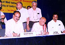 A fresh MoU for the Bangalore international airport project at Devanhalli, near Bangalore, was signed on Monday between the Karnataka State Industrial Investment Development Corporation Limited (KSIIDC) CMD and the AAI Chairman, Mr D.V. Gupta. The MoU was witnessed by the Union Minister for Civil Aviation, Mr Ananth Kumar, and Karnataka Chief Minister J. H. Patel in Bangalore on Monday. — PTI 
