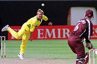 Australia's Shane Warne in action against Somerset in a World Cup warm-up match at Taunton in Somerset on Wednesday May 12, 1999. 