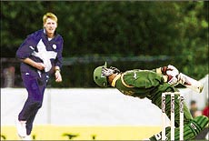 Bangladesh's Mehrab Hossain lurches back to avoid a ball from Scotland's John Blain during their World Cup match in Edinburgh on Monday