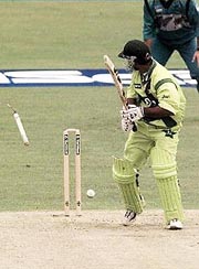 Pakistan's opening batsman Saeed Anwar is bowled by New Zealand's Geoff Allott for 29 during their cricket World Cup match at Derby on Friday 