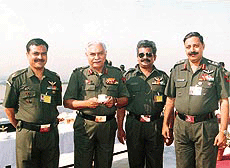 Lieut-Gen Vijay Oberoi, GOC- in-C,Western Command, with officers at a get-together on the raising day of the Army Aviation Corps at Chandi Mandir on Monday.