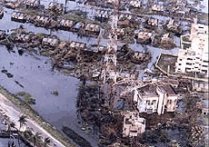 An aerial view of part of the paradip damaged and water-logged by the super cyclone that hit Orissa on Friday
