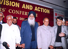 The Haryana Chief Minister, Mr Om Prakash Chautala, Punjab Chief Minister, Mr Parkash Singh Badal, Himachal Pradesh Chief Minister, Mr Prem Kumar Dhumal, and the PHDCCI president, Mr Ashok Khanna, at the conference on "Dynamic North - Vision and Action" organised by PHDCCI in the capital on Friday