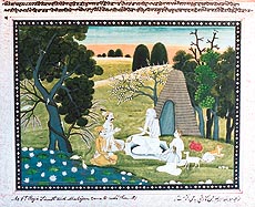 A painting, made in Jind state in the 19th century, depicts Mahamuni Meda explaining the secrets of life as enunciated in the Durga Saptsati. Verses written in Braj bhasha by Mrigendra in the Gurmukhi script can be seen on the top of the painting.
