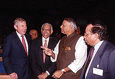 Finance Minister Yashwant Sinha with Lord Marshall (left), Chairman, British Airways & Invensys PLC, at the 72nd annual session FICCI award 1998-99 in New Delhi on Saturday