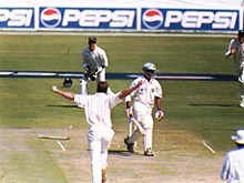 Stumps of Indian opener S. Ramesh are taken off following a delivery of Dion Nash on the opening day of the first cricket test between India and New Zealand at PCA stadium in Mohali on Sunday