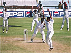 Indian fast medium bowler Javagal Srinath traps New Z3ealand skipper Stepehn Fleming lbw on the second day of the first Test between India and New Zealand at the PCA Stadium, SAS Nagar, on Monda