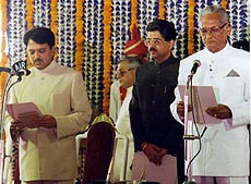 Mr Vilasrao Deshmukh being sworn in as Chief Minister of Maharashtra by the Governor, Mr P. C. Alexander, in Mumbai on Monday