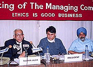 PHDCCI president Ashok Khanna, flanked by Justice S.S. Sodhi, chairman, TRAI, and FICCI president Sudhir Jalan at a meeting on Wednesday.