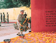 The UT IGP, Mr S. K. Singh, lays a wreath at the martyrs' memorial on Police Commemoration Day on Thursday