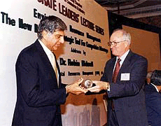 Business leader Ratan Tata receives a citation from Dr Robin Bidwell, CEO, Environment Resource Management, in Mumbai on Monday 