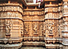 The carved exterior wall of a Jain temple within the fort complex