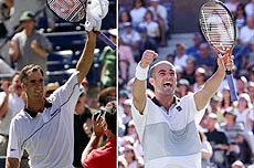 Todd Martin waves to the crowd after defeating France's Cedric Pioline and (right) Andre Agassi of Las Vegas gestures after defeating Russia's evgeny Kafelnikov in the men's semifinals at the US Open