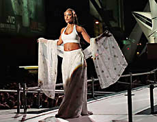 Actress Lynn Whitfield models a creation by Anand Jon at the NYC 2000 Fashion Show in New York's Times Square Monday. Almost ninety of the world's most renowned fashion designers created original millennial looks for the show, one of the largest group fashion shows ever held in New York.