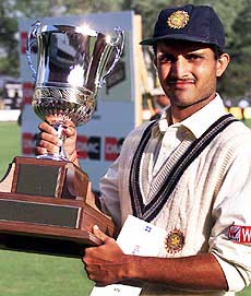 Captain Saurav Ganguly holds the DMC Cup after India defeated the West Indies by 88 runs at the Toronto Cricket Festival in Toronto on Tuesday