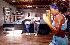 Laila Ali, daughter of boxing legend Muhammad Ali, shadow boxes on Tuesday
