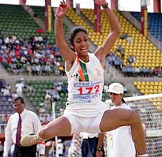 India's G.G. Promila jumps 6.37 meters in the women's long jump event to take home a gold medal