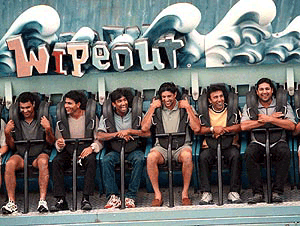Players of the Pakistan Cricket team from left, Waqar Younis, Abdul Razzaq, Yousuf Youhana, Wasim Akram, Saeed Anwar and Inzimam Ul Haq, have a ride on a theme park fun ride, called "The Wipeout," at Dreamworld on the Gold Coast, Australia on Friday. The Pakistan team will play Australia in the first of the one day series in Brisbane on January 10