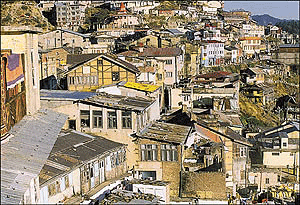 Unplanned expansion: Cramped slum-like buildings congest the Sanjauli area.