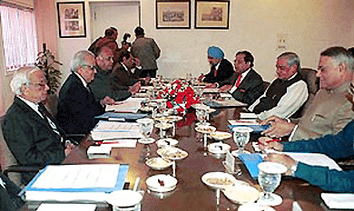 Prime Minister Atal Behari Vajpayee presiding over the first meeting of the reconstituted Economic Advisory Council at his residence in New Delhi on Saturday — PTI