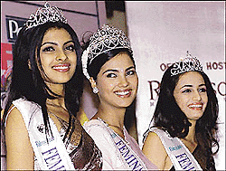 From left, Miss India World Priyanka Chopra, Miss India Universe Lara Dutta and Miss India Pacific Quest Diya Mirza at the Press conference in New Delhi on Monday. — PTI