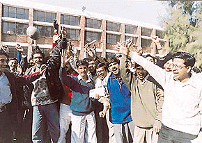 Students appearing for the Staff Selection Commission at the Government Model Senior Secondary School, Sector 21, Chandigarh, on Sunday protesting against mass copying at the centre. They boycotted the afternoon session examination.					      — A Tribune photograph 