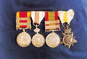 Left to right: China Medal with clasps, Peking 1860; Abyssinia Medal; Afghanistan Medal, 1878; Kabul to Kandahar Star, 1880 