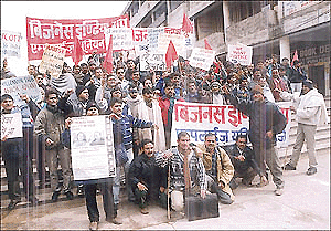 Members of the Business India Group Employees Union protest in support of their demands in Chandigarh on Thursday. — A Tribune photograph