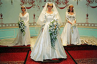 The wax work models of Royal brides , from left, the Countess of Wessex, Diana, Princess of Wales, and Duchess of York, on show on Wednesday at London's Madame Tussaud's museum. Visitors to the museum will have a unique chance to see the spectacular royal wedding gowns in a special replica display created by the original designers at the time of the Royal Wedding. — 