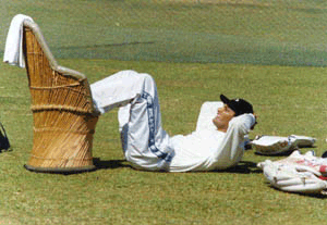 Former skipper Azharuddin warms up at the nets at CCI in Mumbai as the Board President's XI take on South Africa on Saturday 
