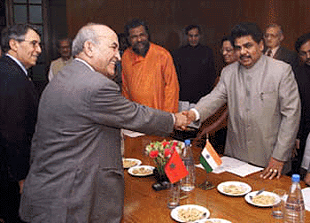 Moroccan Prime Minister Abderrahmane Youssoufi with Lok Sabha Speaker G.M.C. Balayogi at Parliament House in New Delhi on Thursday