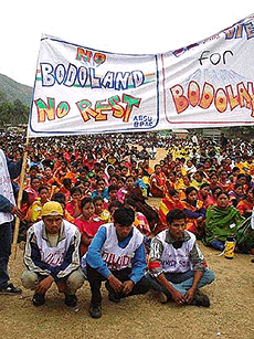 Bodo youth dressed in colourful dresses with slogans demanding a separate State of Bodoland gathered in Guwahati at a joint rally organised by different Bodo Organisations like the ABSU, BEF and BPSC