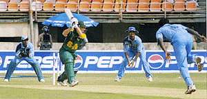 South Africa's Gary Kristen lofting an Agarkar ball for an impressive sixer in the first one day international cricket match against India at the Jawaharlal Nehru Stadium in Kochi on Thursday 