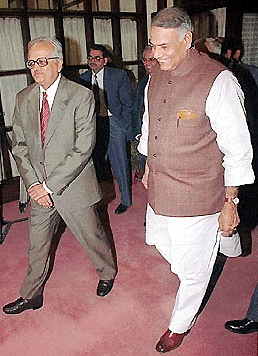 Finance Minister Yashwant Sinha and RBI Governor Vimal Jalan arriving to attend the post-Budget meeting of the Board of Directors of the Reserve Bank of India, in New Delhi on Saturday. — PTI