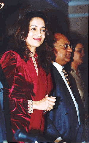 Cine star Madhuri Dixit at a press conference where she announced a tie-up with Emami for promoting exclusive skincare products in Calcutta on Friday. — PTI