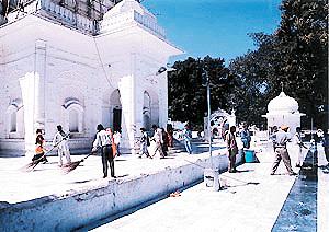 Clean-up operations in progress at the parvachan sthal at the Mata Mansa Devi shrine on the eve of Navratra mela. — A Tribune photograph