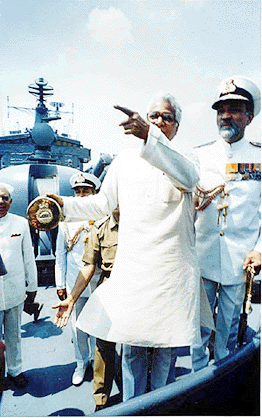 Defence Minister George Fernandes and chief of Naval Staff Sushil Kumar at the commissioning of Indian Naval ship ‘Brahmaputra’ at Netaji Subhas Dock in Calcutta on Friday