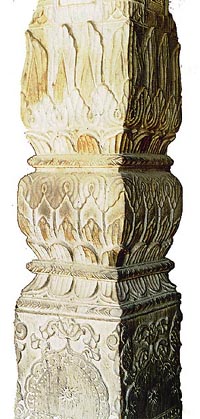 A carved wooden column of a chaupal at the village