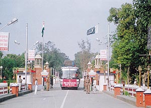 A bus entering India through the Wagah checkpost