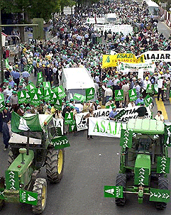 Two tractors lead the demonstration by Spanish farmers through Madrid on Saturday to protest against the fuel price increase in Spain. 